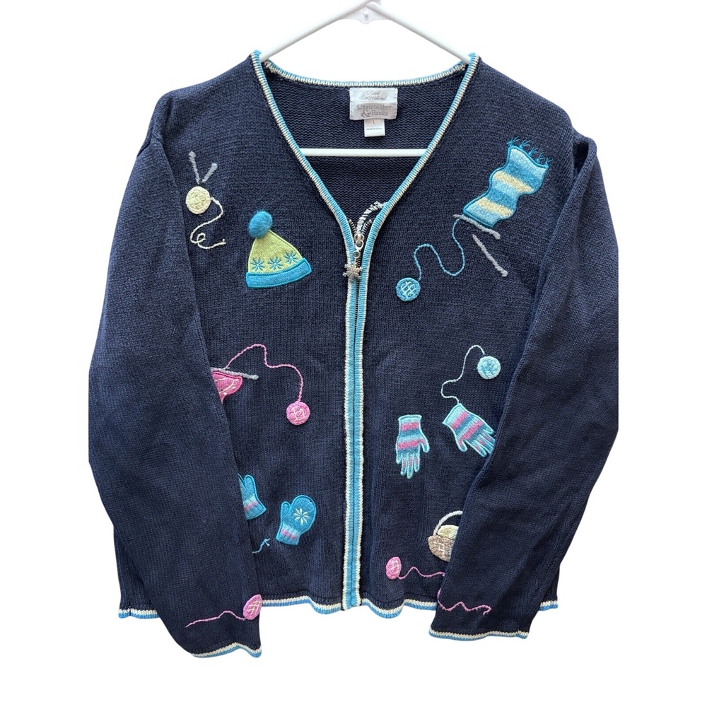 Christopher & Banks Cardigan Women L Navy Blue Hand Embroidered Knitting Novelty